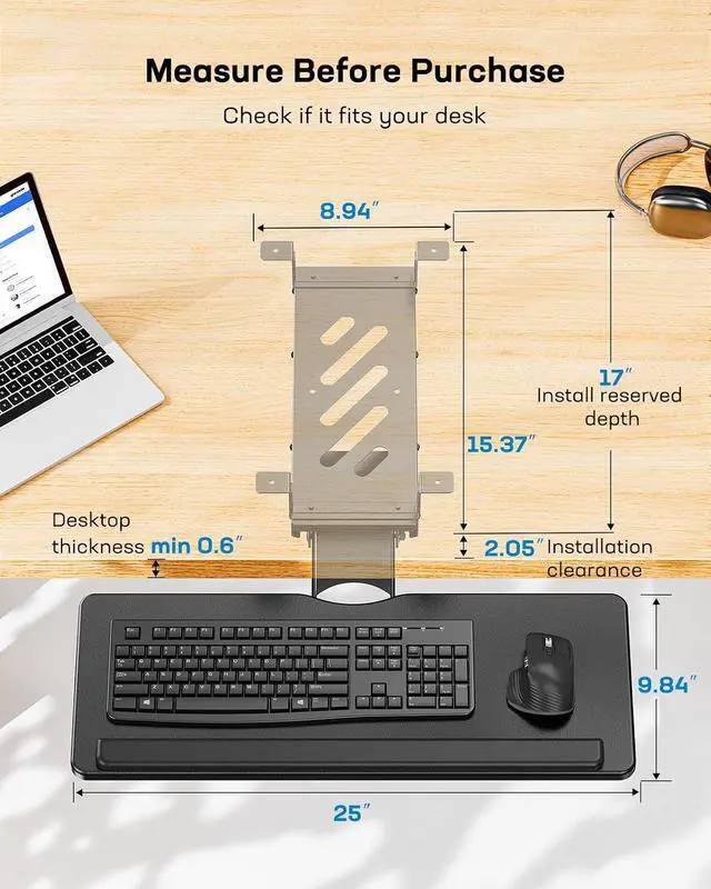 Alt view image 5 of 7 - Keyboard Tray Under Desk, Adjustable Ergonomic Keyboard & Mouse Tray, Flat Bottom Or Cross Beam Installation, Smooth Sliding Keyboard Holder for Typing in Home Office, Easy Setup, 25W x 9.84D