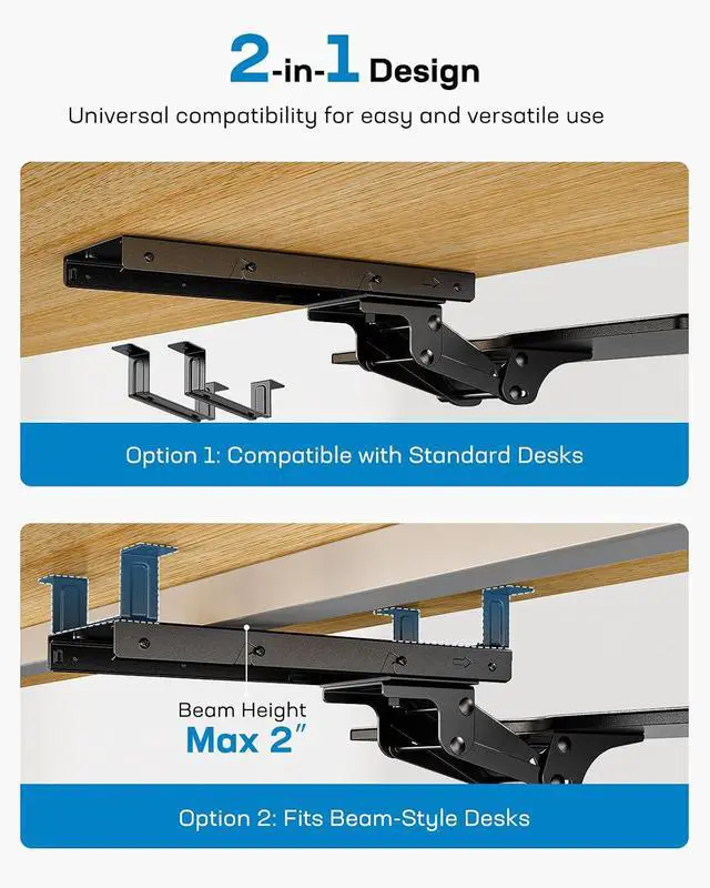Alt view image 7 of 7 - Keyboard Tray Under Desk, Adjustable Ergonomic Keyboard & Mouse Tray, Flat Bottom Or Cross Beam Installation, Smooth Sliding Keyboard Holder for Typing in Home Office, Easy Setup, 25W x 9.84D