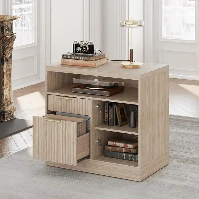 Main image of 2 Drawer Fluted File Cabinet, 32'' Lateral File Cabinet with Lock and AC/USB for Letter/A4 Size, Wood Filing Cabinet with Storage Shelves for Home Office, Natural Walnut
