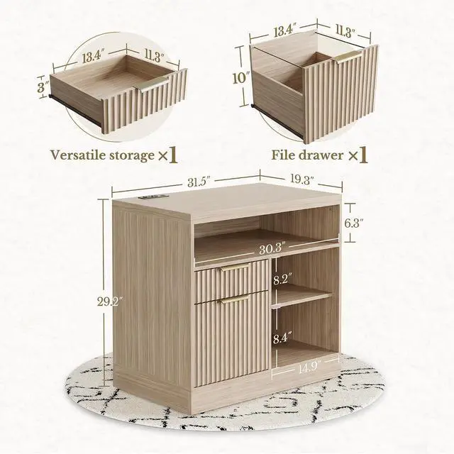 Alt view image 2 of 7 - 2 Drawer Fluted File Cabinet, 32'' Lateral File Cabinet with Lock and AC/USB for Letter/A4 Size, Wood Filing Cabinet with Storage Shelves for Home Office, Natural Walnut
