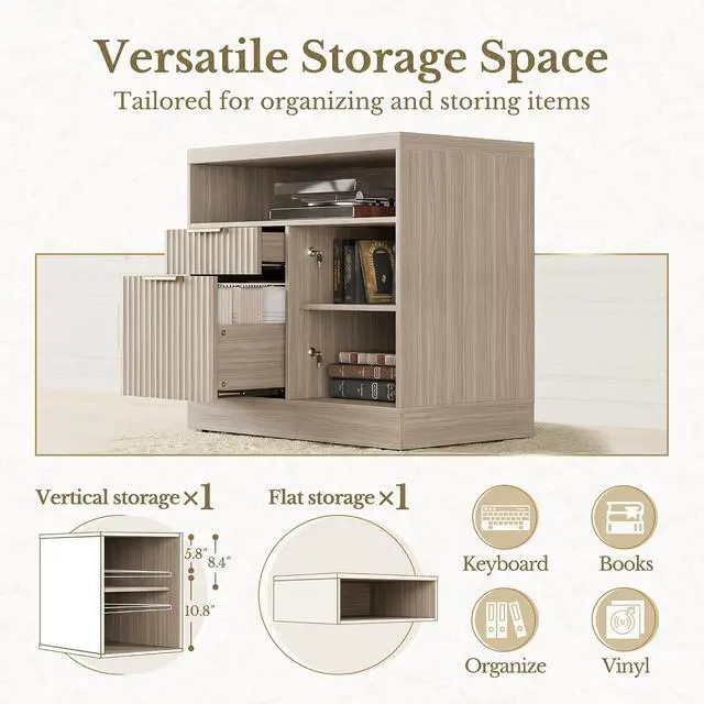 Alt view image 4 of 7 - 2 Drawer Fluted File Cabinet, 32'' Lateral File Cabinet with Lock and AC/USB for Letter/A4 Size, Wood Filing Cabinet with Storage Shelves for Home Office, Natural Walnut