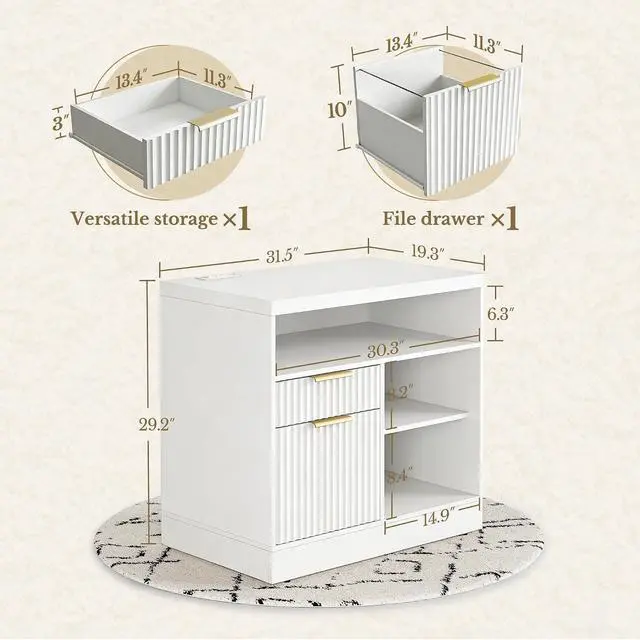 Alt view image 2 of 7 - 2 Drawer File Cabinet, 32'' Lateral File Cabinet with Lock and AC/USB for Letter/A4 Size, Wood Filing Cabinet with Storage Shelves for Home Office, White