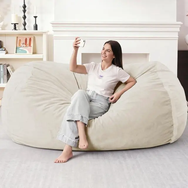 Alt view image 3 of 6 - 6ft Bean Bag Chair Giant Bean Bag Chairs for Adults with Memory Foam Filled, Large Beanbag Chair with Removable Dutch Velvet Cover for Living Room, Bedroom, Dorm, White