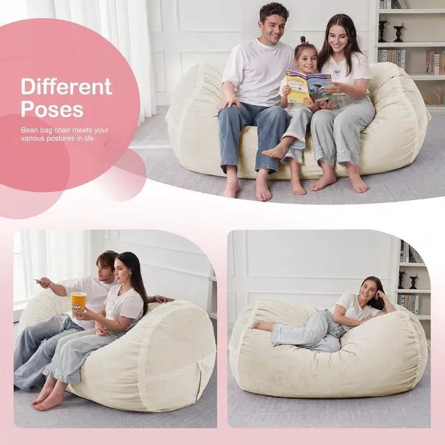 Alt view image 5 of 6 - 6ft Bean Bag Chair Giant Bean Bag Chairs for Adults with Memory Foam Filled, Large Beanbag Chair with Removable Dutch Velvet Cover for Living Room, Bedroom, Dorm, White