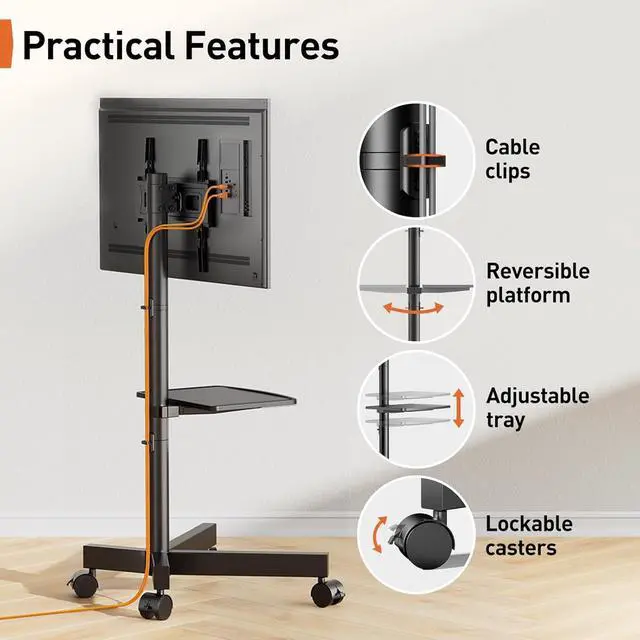 Alt view image 7 of 7 - Rolling TV Stand for 23-60 Inch LED Flat Screen/Curved TVs up to 88lbs,Mobile TV Stand Wheels with Height Adjustable Portable Rolling TV Cart Max VESA 400x400mm PGTVMC06
