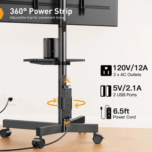 Alt view image 2 of 7 - Mobile TV Cart, Clip-On Integrated Power Supply, Rolling TV Stand Portable for 23-60 TVs (up to 88 lbs), 3 Height Levels with Adjustable Tray, TV Stand with Wheels, Max VESA 400x400mm