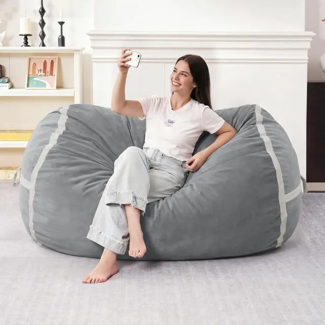 Alt view image 3 of 6 - 4ft Bean Bag Chair Giant Bean Bag Chairs for Adults with Memory Foam Filled, Large Beanbag Chair with Removable Dutch Velvet Cover for Living Room, Bedroom, Dorm, Light Grey
