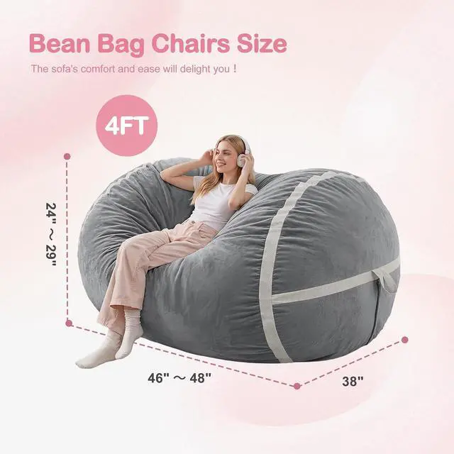 Alt view image 2 of 6 - 4ft Bean Bag Chair Giant Bean Bag Chairs for Adults with Memory Foam Filled, Large Beanbag Chair with Removable Dutch Velvet Cover for Living Room, Bedroom, Dorm, Light Grey