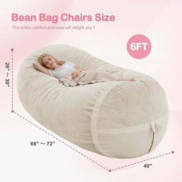 Alt view image 2 of 6 - 6ft Bean Bag Chair Giant Bean Bag Chairs for Adults with Memory Foam Filled, Large Beanbag Chair with Removable Dutch Velvet Cover for Living Room, Bedroom, Dorm, White