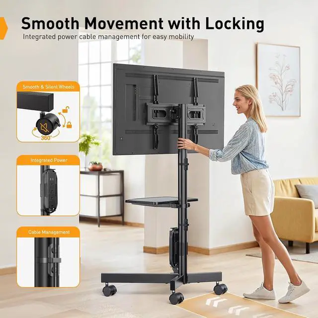 Alt view image 3 of 7 - Mobile TV Cart, Clip-On Integrated Power Supply, Rolling TV Stand Portable for 23-60 TVs (up to 88 lbs), 3 Height Levels with Adjustable Tray, TV Stand with Wheels, Max VESA 400x400mm