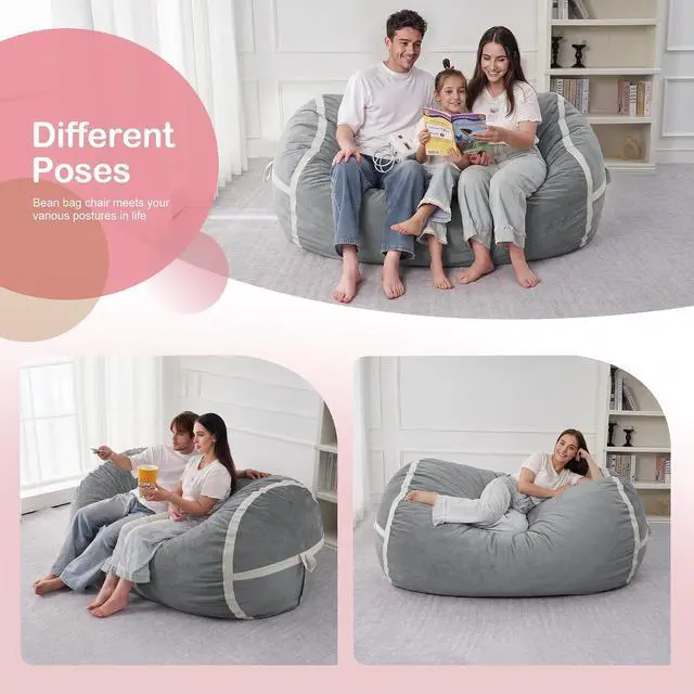 Alt view image 5 of 6 - 4ft Bean Bag Chair Giant Bean Bag Chairs for Adults with Memory Foam Filled, Large Beanbag Chair with Removable Dutch Velvet Cover for Living Room, Bedroom, Dorm, Light Grey
