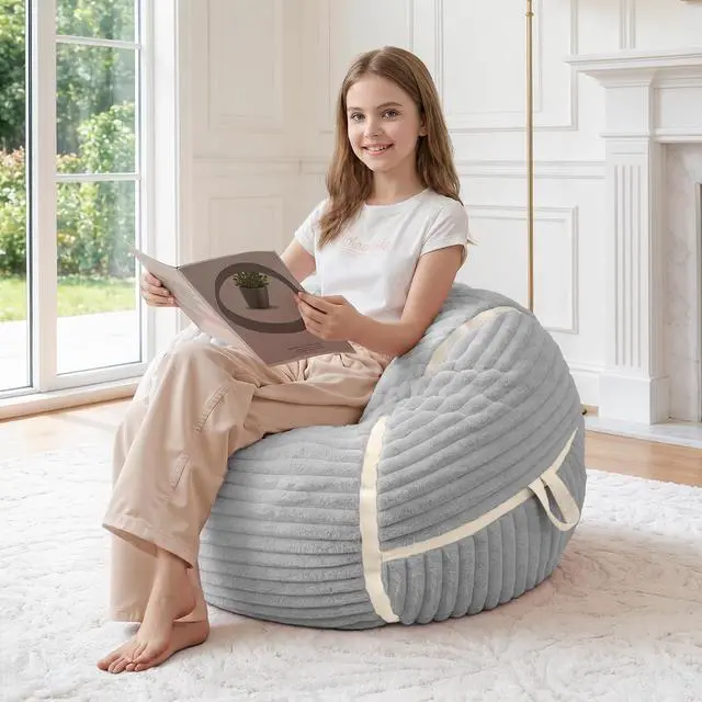 Main image of Bean Bag Chair 2FT Bean Bag Chairs with Memory Foam Filled,2' Small Comfy Beanbag Chair with Soft Faux Fur Cover,Comfy Bean Bag Sofa for Classroom,Living Room,Bedroom-Light Grey&White