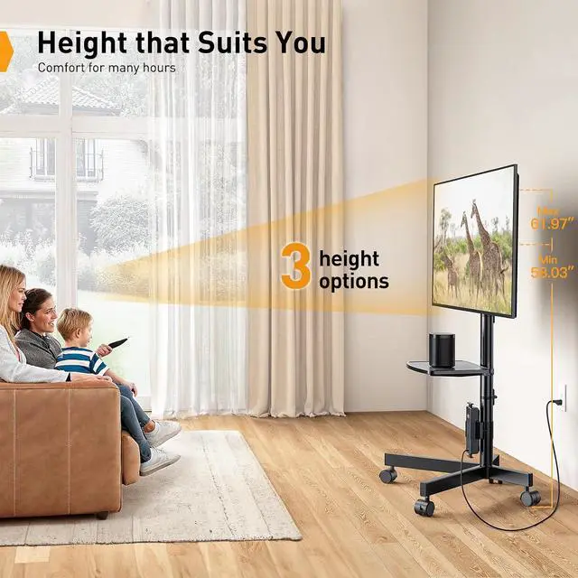Alt view image 5 of 7 - Mobile TV Cart, Clip-On Integrated Power Supply, Rolling TV Stand Portable for 23-60 TVs (up to 88 lbs), 3 Height Levels with Adjustable Tray, TV Stand with Wheels, Max VESA 400x400mm