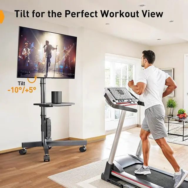 Alt view image 6 of 7 - Mobile TV Cart, Clip-On Integrated Power Supply, Rolling TV Stand Portable for 23-60 TVs (up to 88 lbs), 3 Height Levels with Adjustable Tray, TV Stand with Wheels, Max VESA 400x400mm