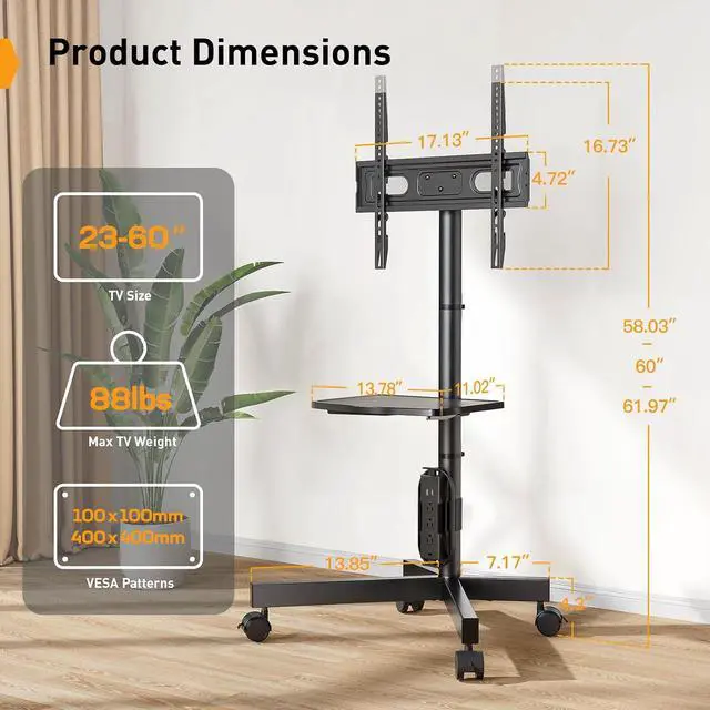 Alt view image 7 of 7 - Mobile TV Cart, Clip-On Integrated Power Supply, Rolling TV Stand Portable for 23-60 TVs (up to 88 lbs), 3 Height Levels with Adjustable Tray, TV Stand with Wheels, Max VESA 400x400mm