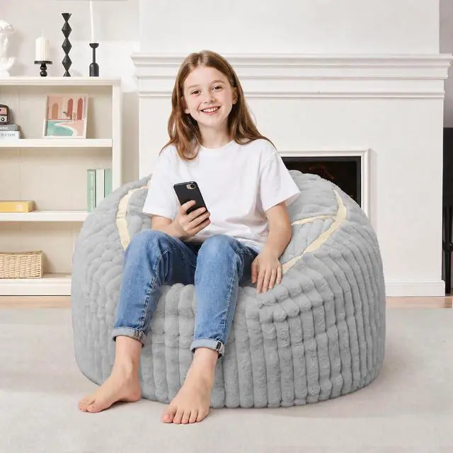 Alt view image 4 of 7 - Bean Bag Chair 2FT Bean Bag Chairs with Memory Foam Filled,2' Small Comfy Beanbag Chair with Soft Faux Fur Cover,Comfy Bean Bag Sofa for Classroom,Living Room,Bedroom-Light Grey&White