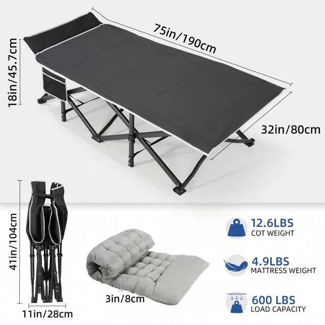 Alt view image 4 of 7 - Camping Cot with Mattress, 32" Extra Wide Camping Cots for Adults, Sleeping Cot for Adults Holds Up to 600LBS, Cots for Sleeping, Camp, Rv, Beach, Patio, Office Naps(Grey)