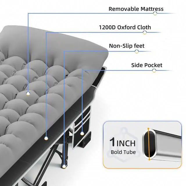 Alt view image 6 of 7 - Camping Cot with Mattress, 32" Extra Wide Camping Cots for Adults, Sleeping Cot for Adults Holds Up to 600LBS, Cots for Sleeping, Camp, Rv, Beach, Patio, Office Naps(Grey)