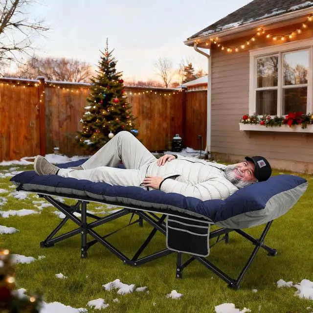 Alt view image 2 of 7 - Camping Cot with Mattress, 32" Extra Wide Camping Cots for Adults, Sleeping Cot for Adults Holds Up to 600LBS, Cots for Sleeping, Camp, Rv, Beach, Patio, Office Naps(Blue)