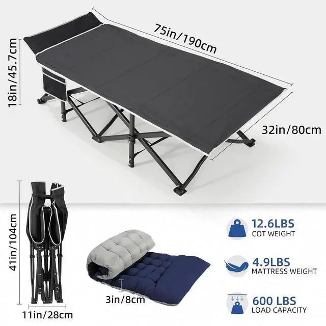 Alt view image 4 of 7 - Camping Cot with Mattress, 32" Extra Wide Camping Cots for Adults, Sleeping Cot for Adults Holds Up to 600LBS, Cots for Sleeping, Camp, Rv, Beach, Patio, Office Naps(Blue)
