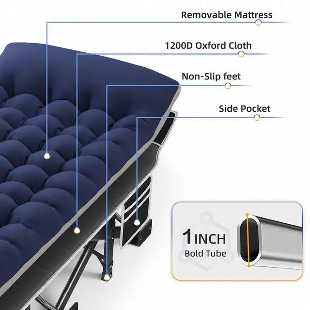 Alt view image 6 of 7 - Camping Cot with Mattress, 32" Extra Wide Camping Cots for Adults, Sleeping Cot for Adults Holds Up to 600LBS, Cots for Sleeping, Camp, Rv, Beach, Patio, Office Naps(Blue)
