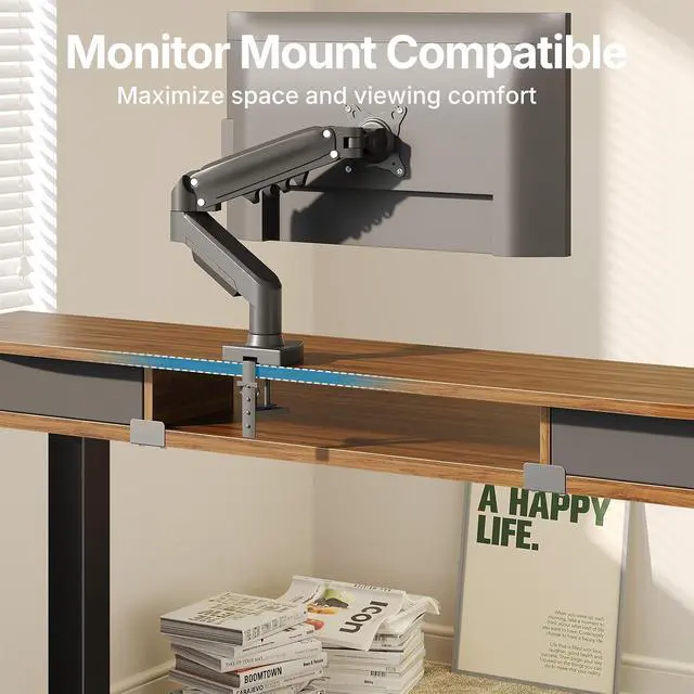 Alt view image 4 of 7 - 40" X 24" Electric Standing Desk with 2 Drawers, C-Clamp Mount Compatible, Height Adjustable Computer Desk, Home Office Stand Up Desk with 4 Preset Heights & 2 Hooks, Walnut