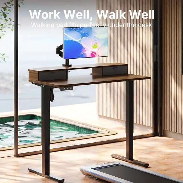 Alt view image 6 of 7 - 40" X 24" Electric Standing Desk with 2 Drawers, C-Clamp Mount Compatible, Height Adjustable Computer Desk, Home Office Stand Up Desk with 4 Preset Heights & 2 Hooks, Walnut