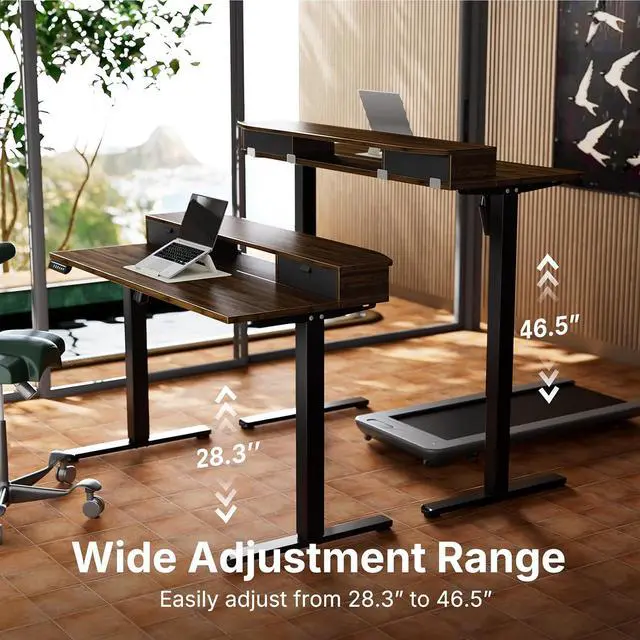 Alt view image 7 of 7 - 40" X 24" Electric Standing Desk with 2 Drawers, C-Clamp Mount Compatible, Height Adjustable Computer Desk, Home Office Stand Up Desk with 4 Preset Heights & 2 Hooks, Walnut