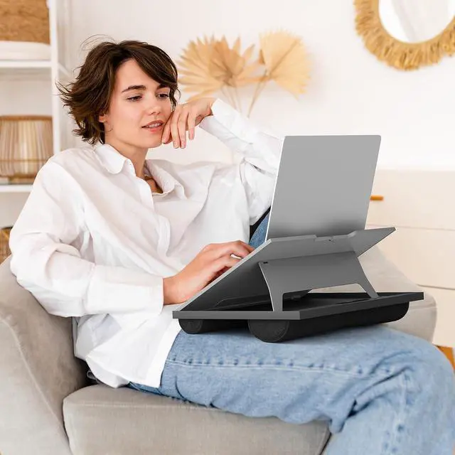 Alt view image 6 of 7 - Adjustable Lap Desk - with 8 Adjustable Angles & Dual Cushions Laptop Stand for Car Laptop Desk, Work Table, Lap Writing Board & Drawing Desk on Sofa or Bed, Grey