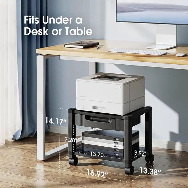 Alt view image 2 of 7 - Printer Stand with Cable Management and Storage Drawer, Printer Table with Locking Wheels, 14.1-inch Maximum Height Printer Cart for Under Desk, Home, Office, HNDPS