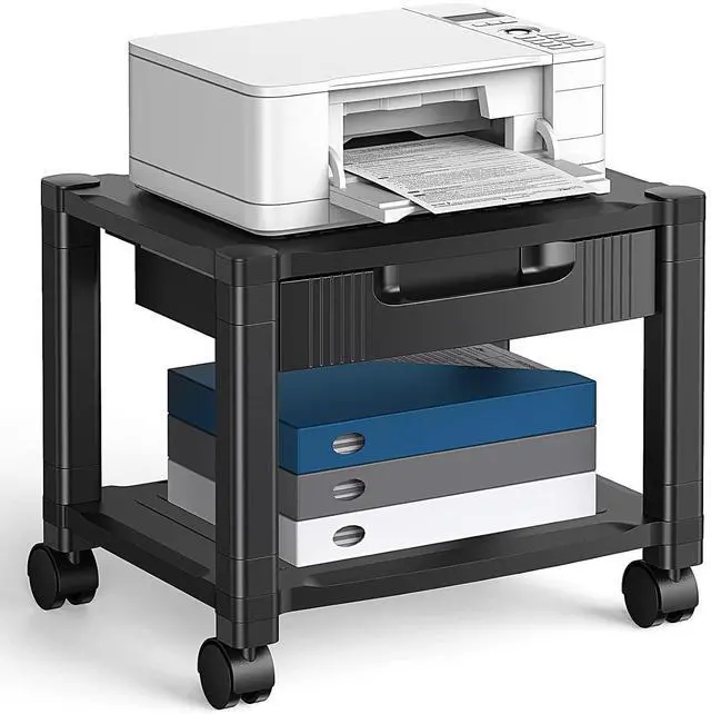 Main image of Printer Stand with Cable Management and Storage Drawer, Printer Table with Locking Wheels, 14.1-inch Maximum Height Printer Cart for Under Desk, Home, Office, HNDPS