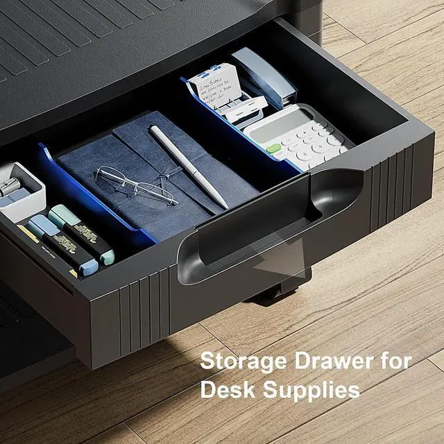 Alt view image 3 of 7 - Printer Stand with Cable Management and Storage Drawer, Printer Table with Locking Wheels, 14.1-inch Maximum Height Printer Cart for Under Desk, Home, Office, HNDPS