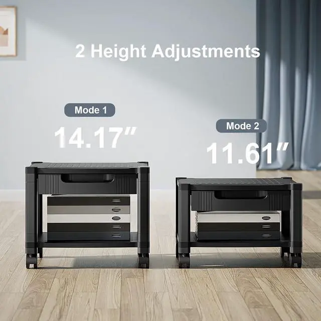 Alt view image 4 of 7 - Printer Stand with Cable Management and Storage Drawer, Printer Table with Locking Wheels, 14.1-inch Maximum Height Printer Cart for Under Desk, Home, Office, HNDPS
