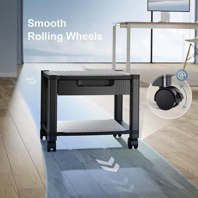 Alt view image 5 of 7 - Printer Stand with Cable Management and Storage Drawer, Printer Table with Locking Wheels, 14.1-inch Maximum Height Printer Cart for Under Desk, Home, Office, HNDPS