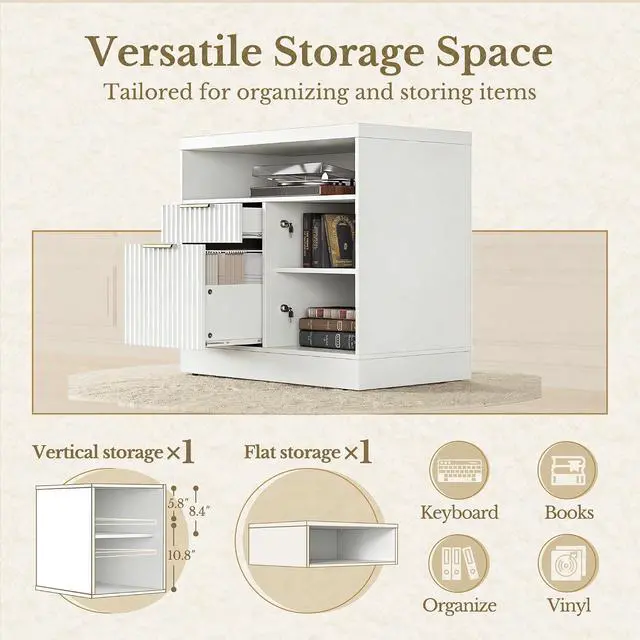 Alt view image 4 of 7 - 2 Drawer File Cabinet, 32'' Lateral File Cabinet with Lock and AC/USB for Letter/A4 Size, Wood Filing Cabinet with Storage Shelves for Home Office, White