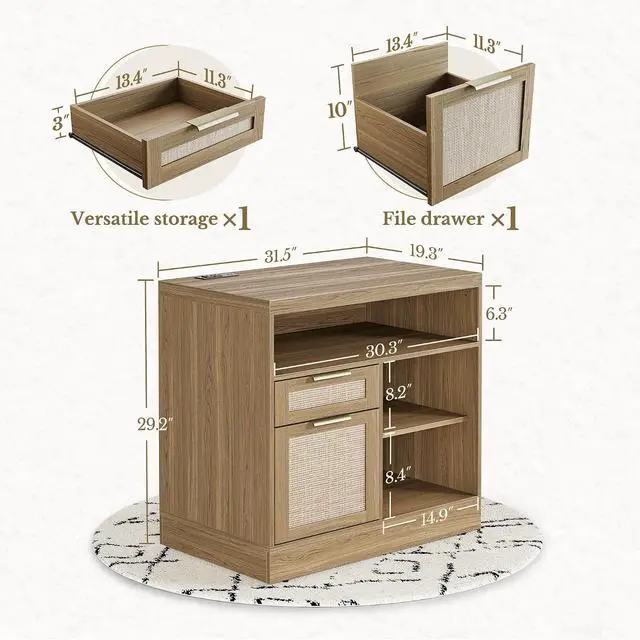 Alt view image 2 of 7 - 2 Drawer Rattan File Cabinet, 32'' Lateral File Cabinet with Lock and AC/USB for Letter/A4 Size, Wood Filing Cabinet with Storage Shelves for Home Office, Natural Oak
