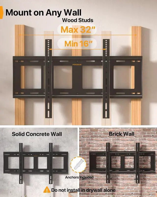 Alt view image 2 of 7 - Heavy Duty Fixed TV Wall Mount for 42"-115" TVs up to 225 lbs, Low Profile TV Mount Fits 16", 24", 32" Studs, One-Piece Bracket with Magnetic Pull Tabs, Max VESA 800x600mm