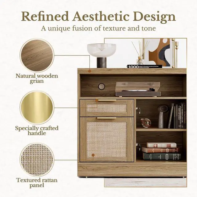 Alt view image 3 of 7 - 2 Drawer Rattan File Cabinet, 32'' Lateral File Cabinet with Lock and AC/USB for Letter/A4 Size, Wood Filing Cabinet with Storage Shelves for Home Office, Natural Oak