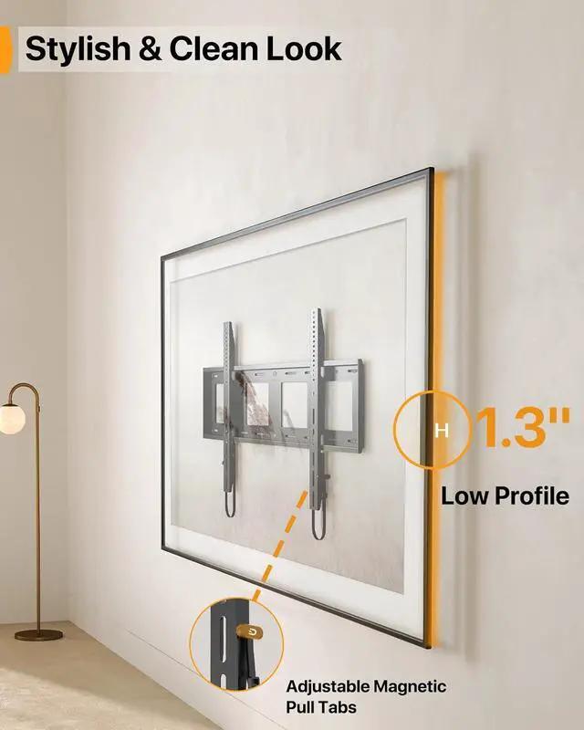 Alt view image 4 of 7 - Heavy Duty Fixed TV Wall Mount for 42"-115" TVs up to 225 lbs, Low Profile TV Mount Fits 16", 24", 32" Studs, One-Piece Bracket with Magnetic Pull Tabs, Max VESA 800x600mm