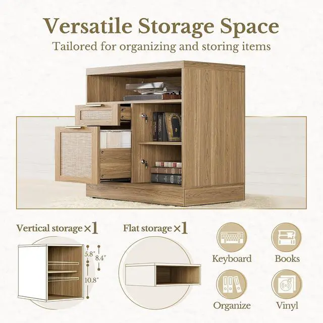 Alt view image 4 of 7 - 2 Drawer Rattan File Cabinet, 32'' Lateral File Cabinet with Lock and AC/USB for Letter/A4 Size, Wood Filing Cabinet with Storage Shelves for Home Office, Natural Oak