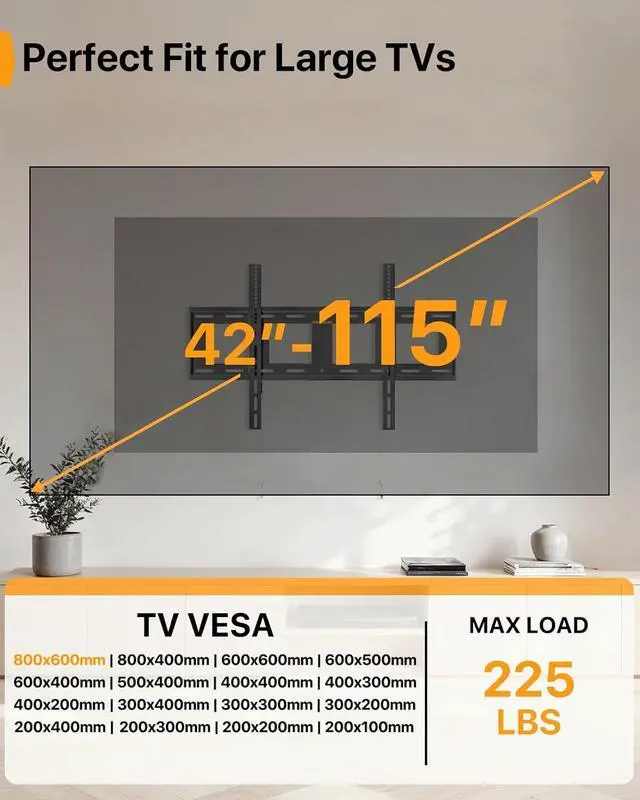 Alt view image 3 of 7 - Heavy Duty Fixed TV Wall Mount for 42"-115" TVs up to 225 lbs, Low Profile TV Mount Fits 16", 24", 32" Studs, One-Piece Bracket with Magnetic Pull Tabs, Max VESA 800x600mm