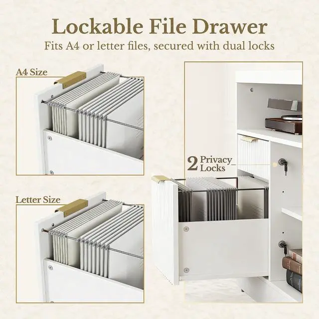 Alt view image 7 of 7 - 2 Drawer File Cabinet, 32'' Lateral File Cabinet with Lock and AC/USB for Letter/A4 Size, Wood Filing Cabinet with Storage Shelves for Home Office, White