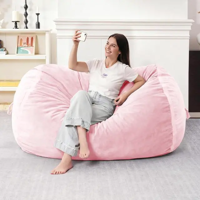 Alt view image 3 of 6 - 4ft Bean Bag Chair Giant Bean Bag Chairs for Adults with Memory Foam Filled, Large Beanbag Chair with Removable Dutch Velvet Cover for Living Room, Bedroom, Dorm, Pink
