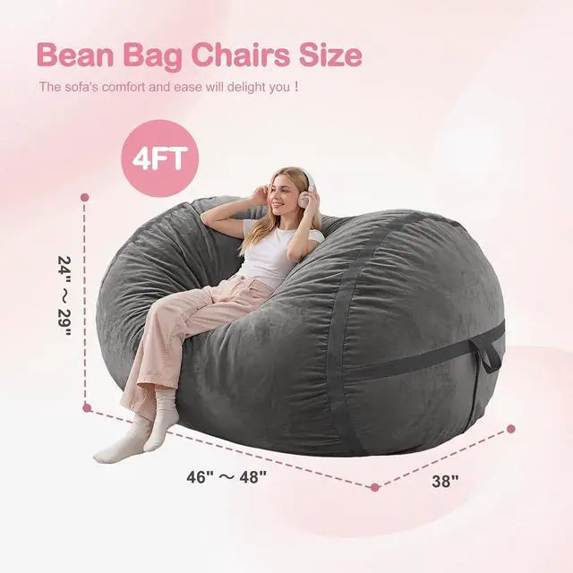 Alt view image 2 of 6 - 4ft Bean Bag Chair Giant Bean Bag Chairs for Adults with Memory Foam Filled, Large Beanbag Chair with Removable Dutch Velvet Cover for Living Room, Bedroom, Dorm, Dark Grey