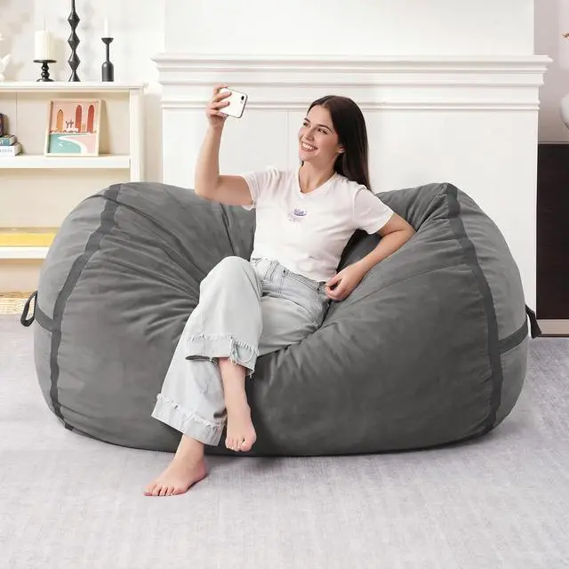 Alt view image 3 of 6 - 4ft Bean Bag Chair Giant Bean Bag Chairs for Adults with Memory Foam Filled, Large Beanbag Chair with Removable Dutch Velvet Cover for Living Room, Bedroom, Dorm, Dark Grey