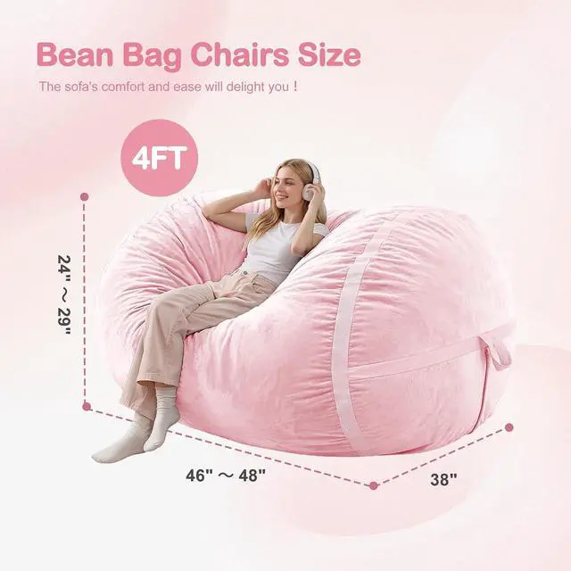 Alt view image 2 of 6 - 4ft Bean Bag Chair Giant Bean Bag Chairs for Adults with Memory Foam Filled, Large Beanbag Chair with Removable Dutch Velvet Cover for Living Room, Bedroom, Dorm, Pink