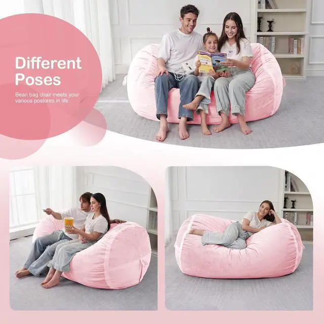 Alt view image 5 of 6 - 4ft Bean Bag Chair Giant Bean Bag Chairs for Adults with Memory Foam Filled, Large Beanbag Chair with Removable Dutch Velvet Cover for Living Room, Bedroom, Dorm, Pink