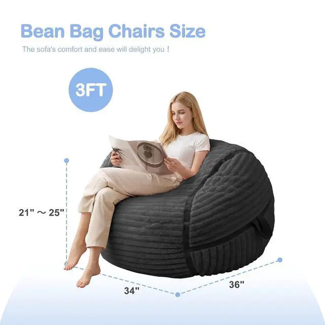 Alt view image 2 of 7 - Bean Bag Chair 3FT Big Bean Bag Chairs for Adults with Memory Foam Filled,3'Beanbag Chair with Soft Faux Fur Cover,Comfy Bean Bag Sofa for Classroom,Living Room,Game Room,Bedroom-Black