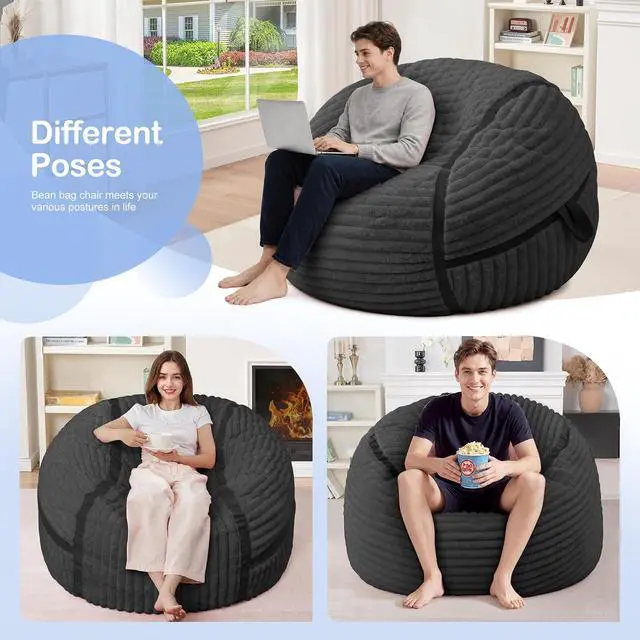 Alt view image 6 of 7 - Bean Bag Chair 3FT Big Bean Bag Chairs for Adults with Memory Foam Filled,3'Beanbag Chair with Soft Faux Fur Cover,Comfy Bean Bag Sofa for Classroom,Living Room,Game Room,Bedroom-Black