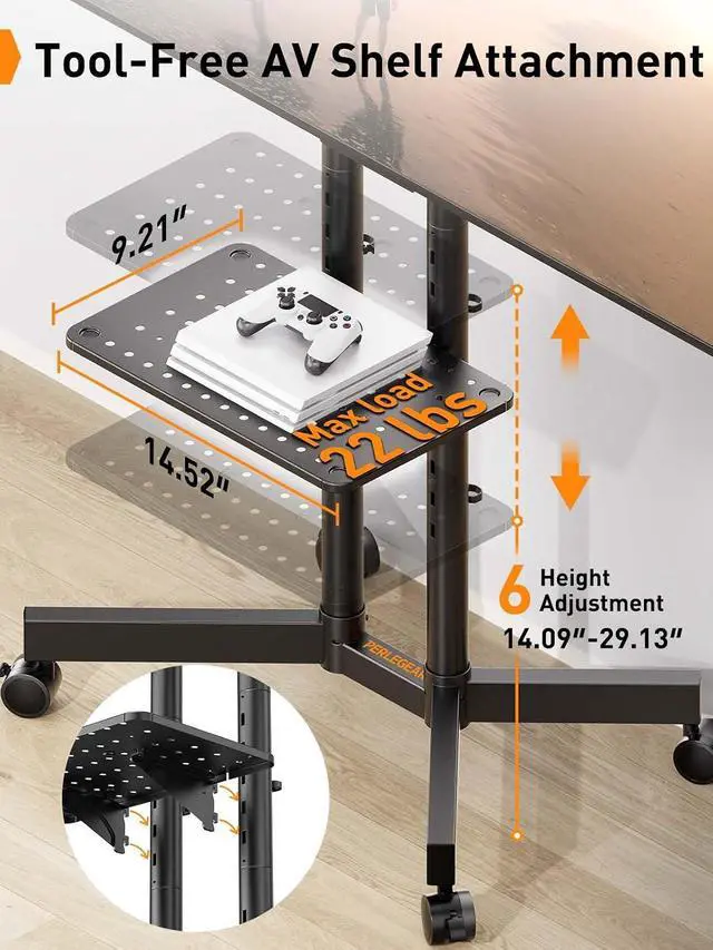 Alt view image 2 of 7 - Rolling TV Stand, Mobile TV Stand with Wheels for 32-75 inch TVs, Height Adjustable Mobile TV Cart with -15° to +5° Tilt, Rolling Cart for 4K TV Max VESA 400x400mm up to 88lbs, PGTVMC14